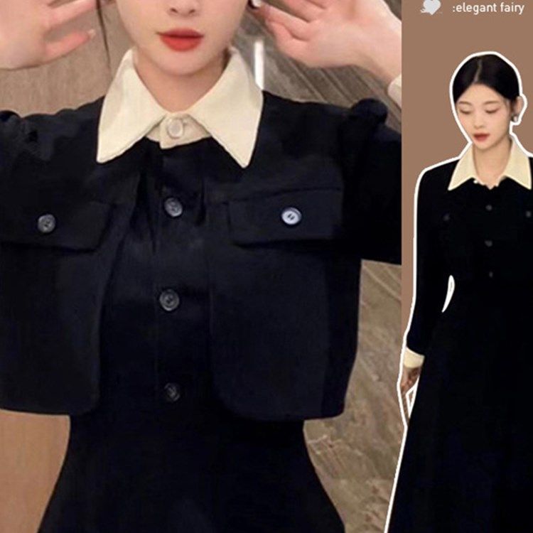 大碼女裝撞色POLO領連衣裙秋季收腰新款法式氣質胖MM顯瘦黑色長裙