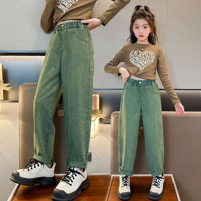 女童秋裝2023新款牛仔褲兒童洋氣老爹褲中大童裝春秋女孩時髦長褲