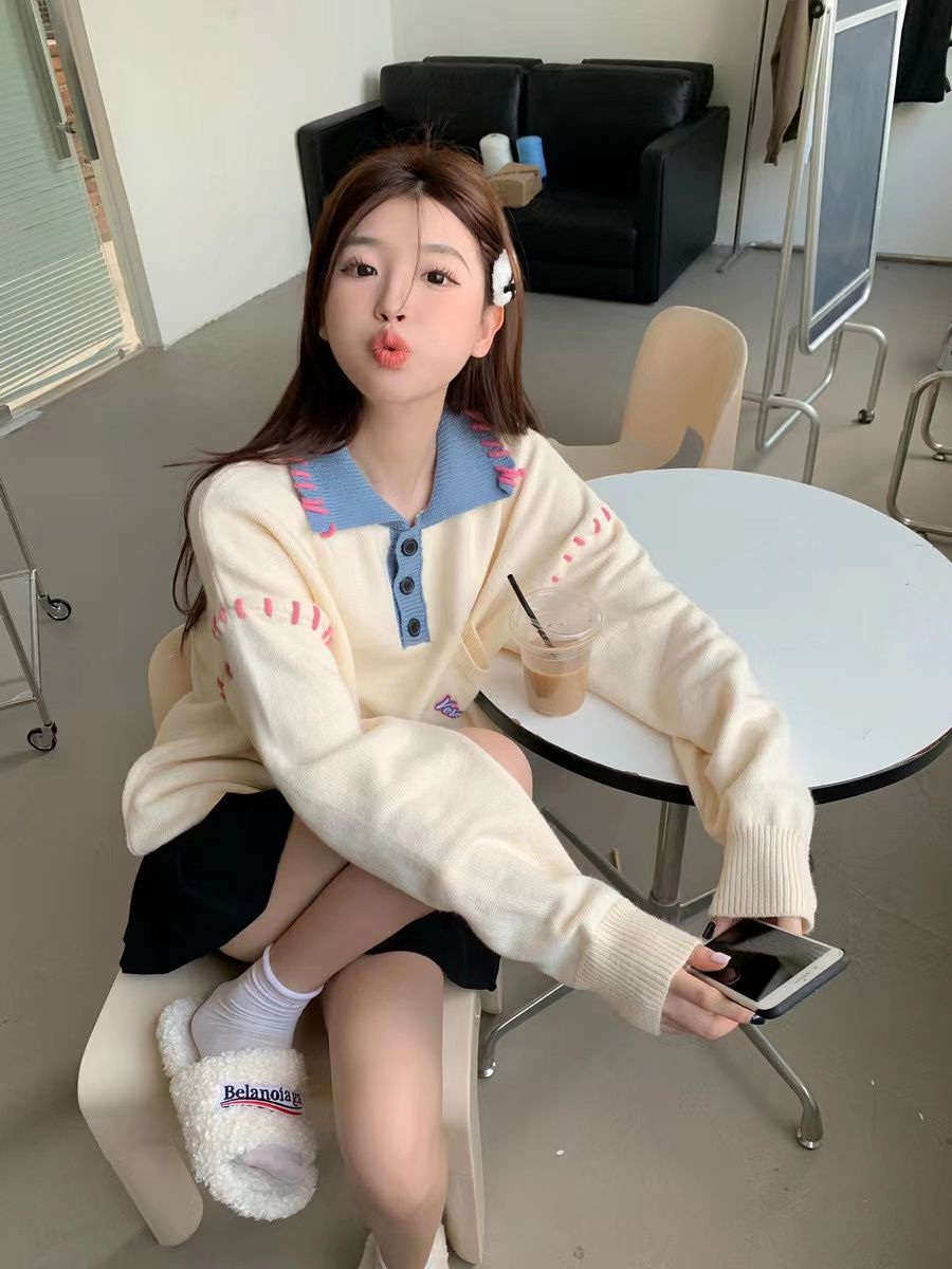 學院風polo領毛衣女秋冬設計感小眾oversize慵懶風軟糯針織衫外套