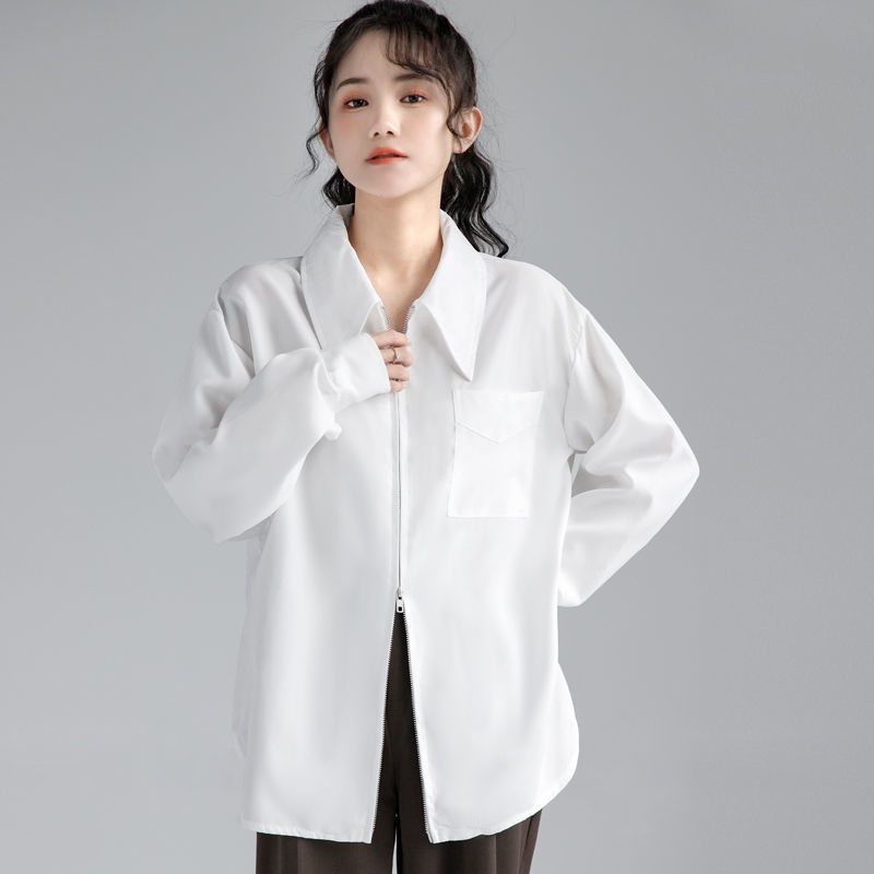 高級感雙拉鏈白襯衫女春秋長袖小眾polo領襯衣輕奢小香風顯瘦上衣