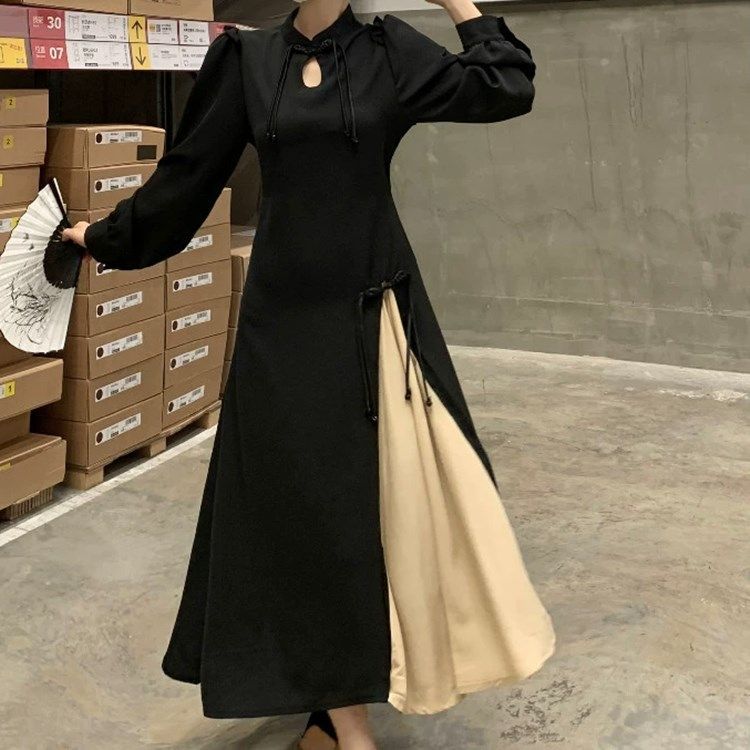 大碼女裝法式復古拼接長袖連衣裙女春秋胖mm遮肚子顯瘦赫本風長裙