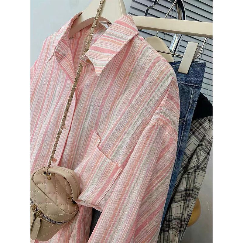 Pink striped long-sleeved shirt for women in early autumn, new sun-proof outer shirt, slim, loose, casual, fresh top