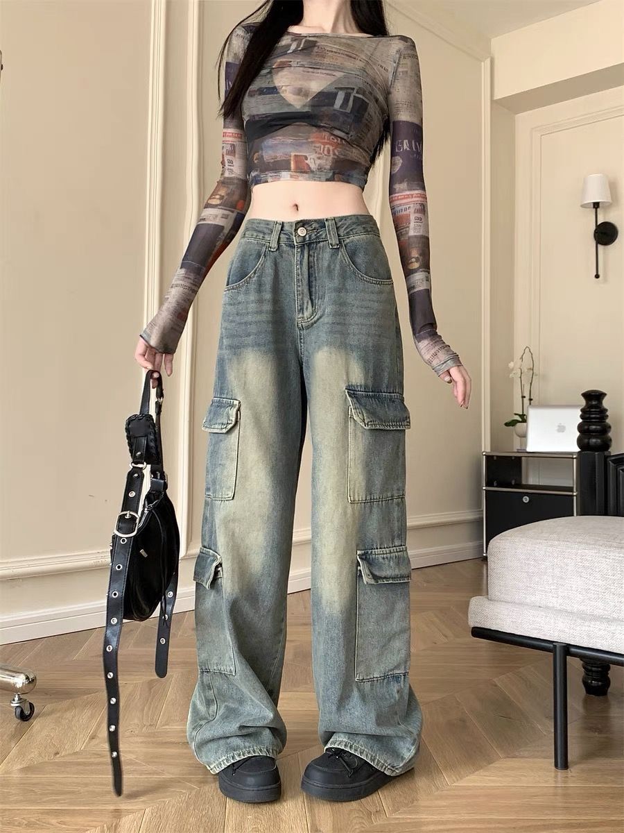 美式復古工裝直筒牛仔褲女秋季寬鬆高腰顯瘦漸變設計闊腿拖地長褲