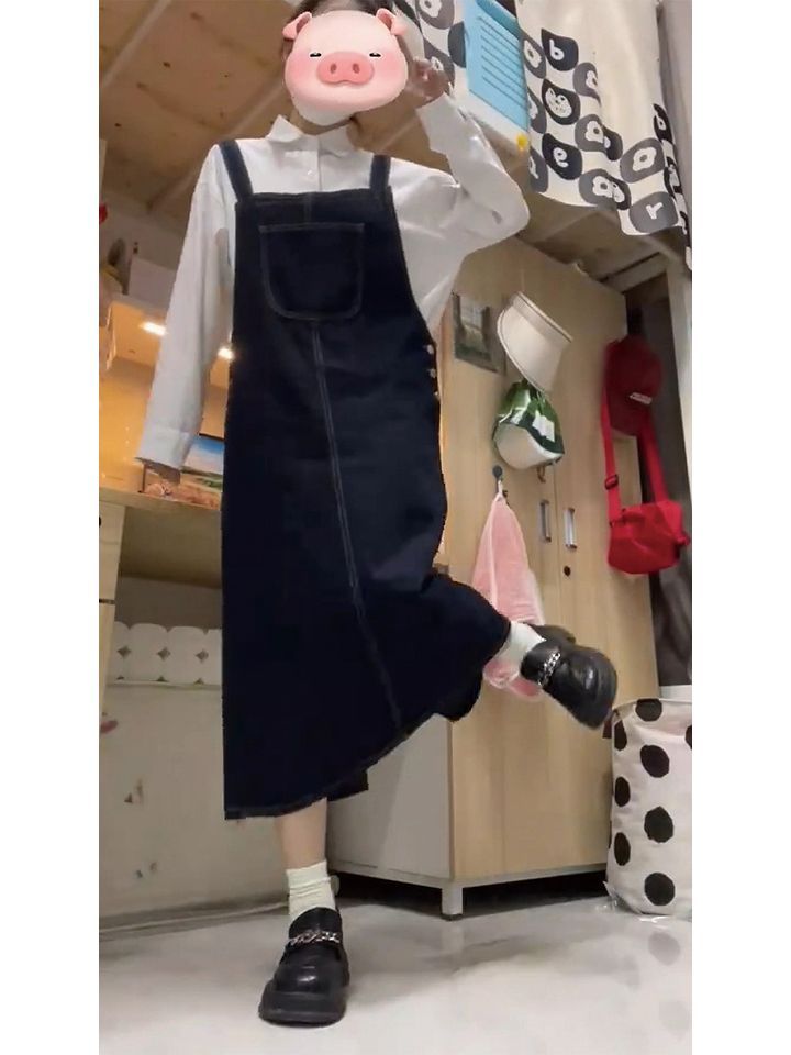 牛仔背帶裙女大碼胖mm顯瘦寬鬆春秋2023新款過膝中長款吊帶連衣裙