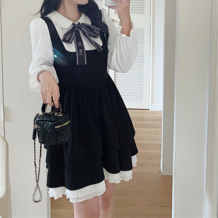 大碼學院風襯衫拼接假兩件連衣裙女胖妹妹收腰顯瘦減齡設計感長裙