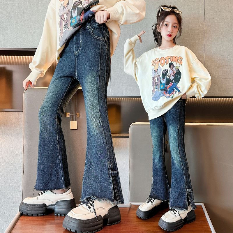 女童牛仔褲春秋2023新款韓版洋氣喇叭褲中大童秋裝褲子女孩休閒褲