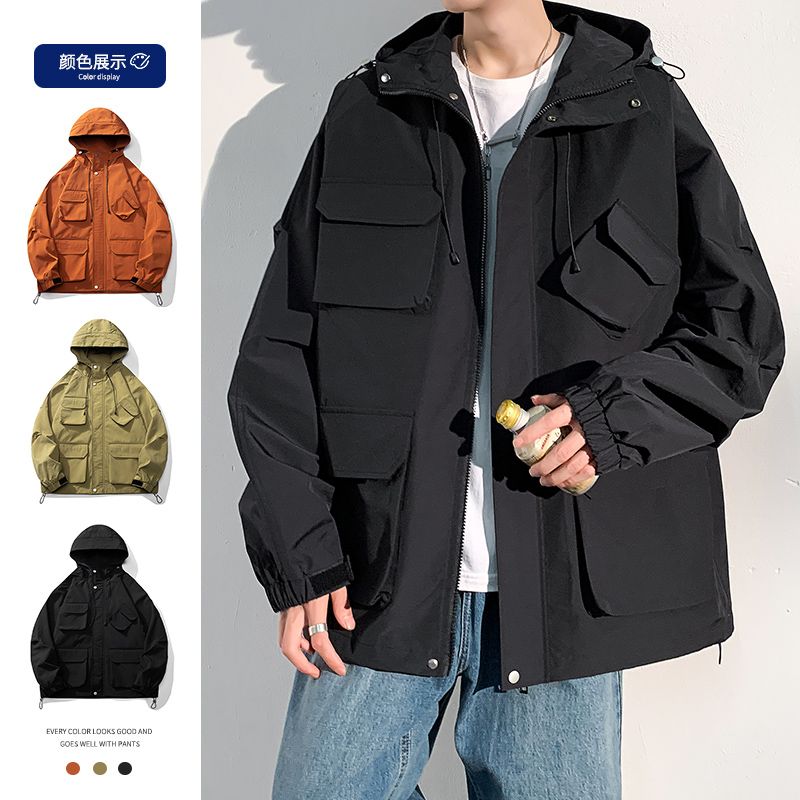 Jackets Men's Spring and Autumn Hooded Work Jackets Boys Trendy Casual Solid Color Jackets Top Clothes Early Autumn Clothes