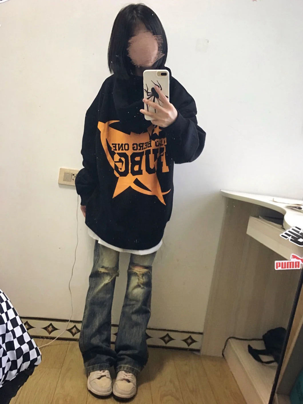 100%紡棉美式高街復古黑色連帽衛衣女寬鬆百搭小眾潮外套ins上衣