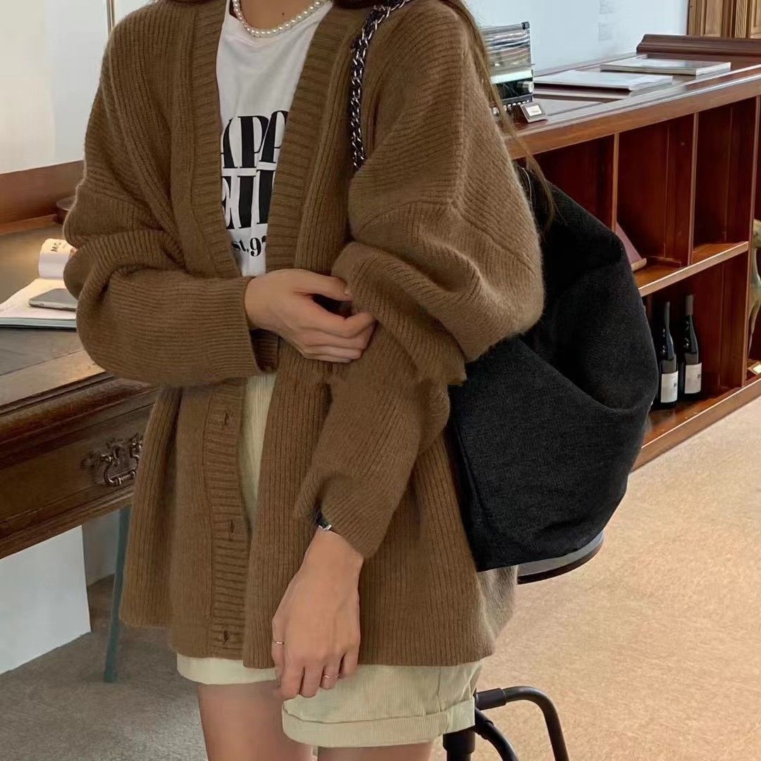 軟糯坑條時尚針織開衫女韓版秋冬外搭慵懶風韓系穿搭v領毛衣外套