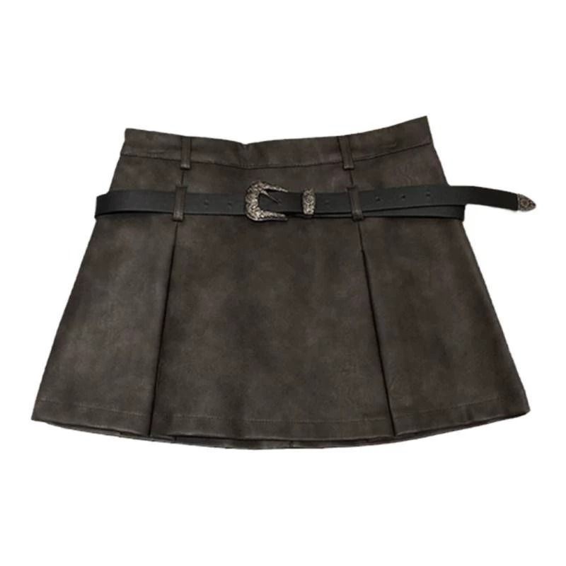 Equipped with a belt, high waisted black pleated anti glare A-line skirt, women's early autumn  Korean version versatile PU leather short skirt