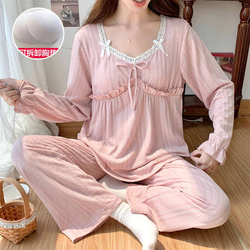 睡衣女春秋季長袖純棉套裝甜美可愛公主風帶胸墊家居服2023年新款