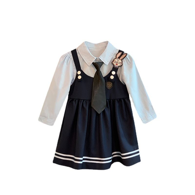 Baby girl dress spring and autumn style bunny police officer trendy jk uniform college style children's fake two-piece western style princess dress