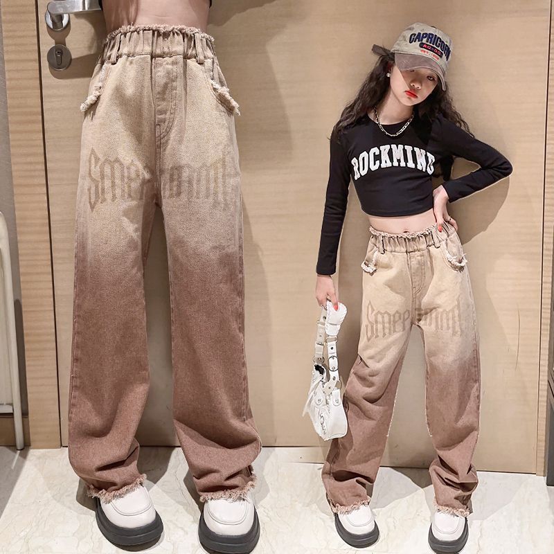 女童闊腿褲春秋外穿百搭時髦休閒直筒秋裝褲子大童秋裝兒童牛仔褲