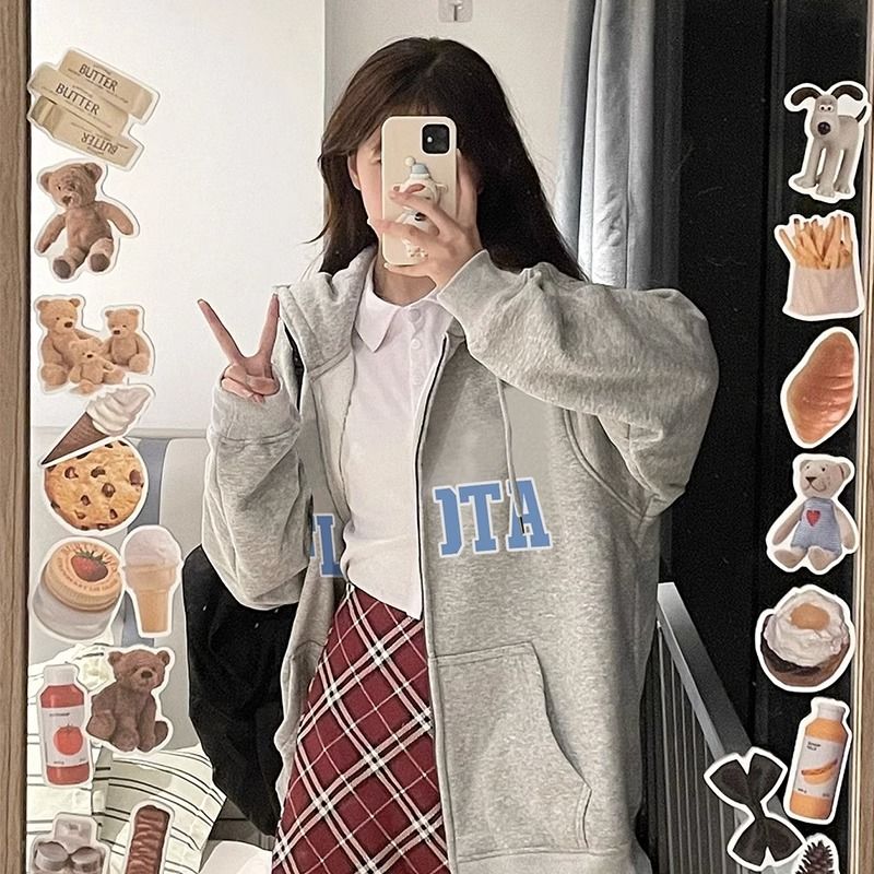 開衫拉鏈oversize外套女2023新款寬鬆加絨字母連帽衛衣休閒慵懶風