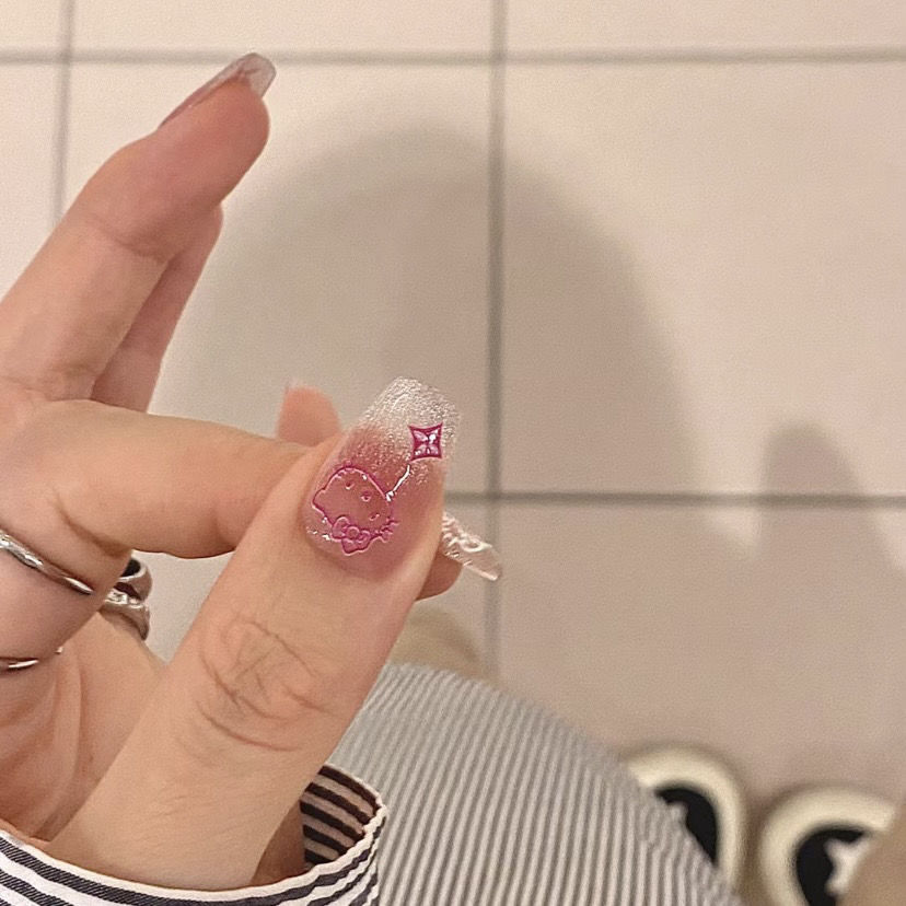 小布丁手工貓眼可愛美甲穿戴甲卡通少女貓美甲貼片短款學生可重複