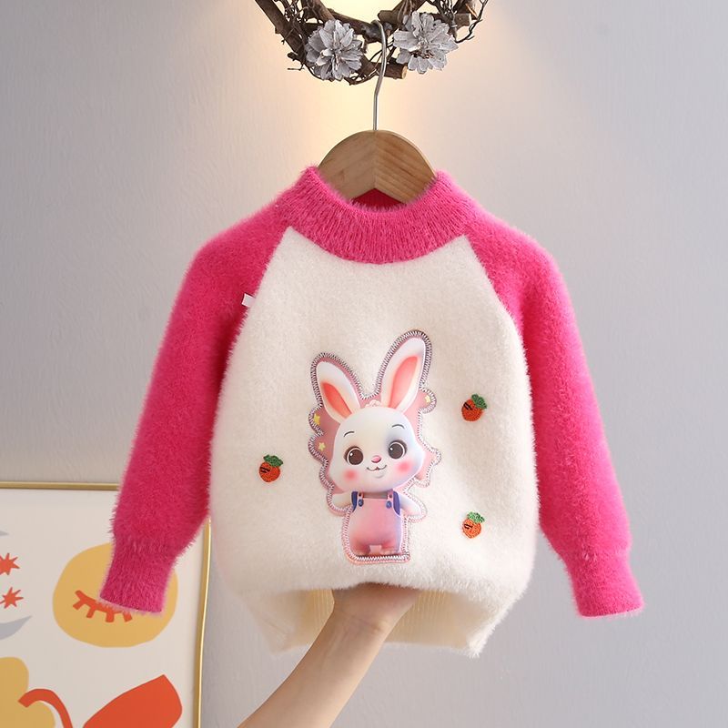 女童毛衣水貂绒2023秋冬新款外穿儿童毛衣套头可爱小兔加厚针织衫