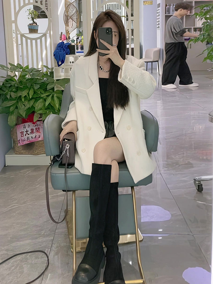 Creamy White Blazer Women's Autumn New Korean Style British Style Simple Commuting Versatile Double-breasted Right Shoulder Suit
