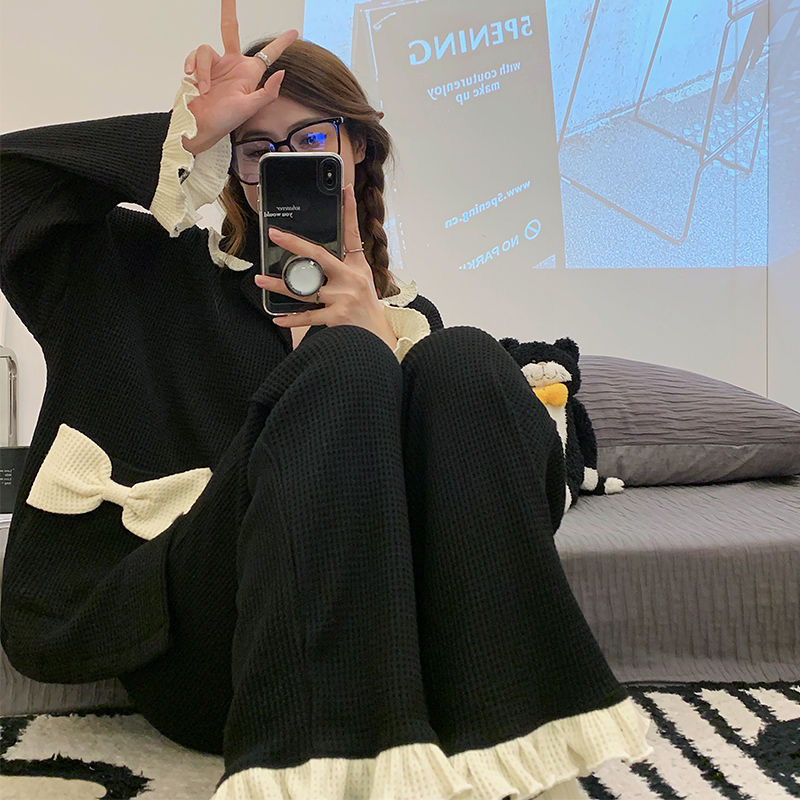 韓版甜美蝴蝶結睡衣女春秋新款ins風網紅爆款長袖學生居家服套裝