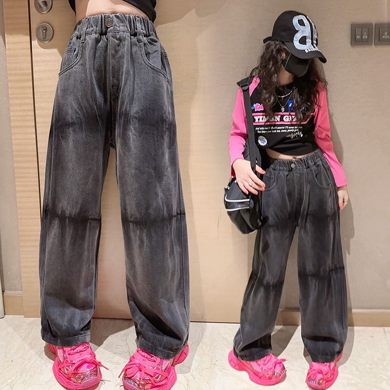 女童牛仔褲春秋2023新款洋氣外穿寬鬆女大童直筒長褲子兒童闊腿褲