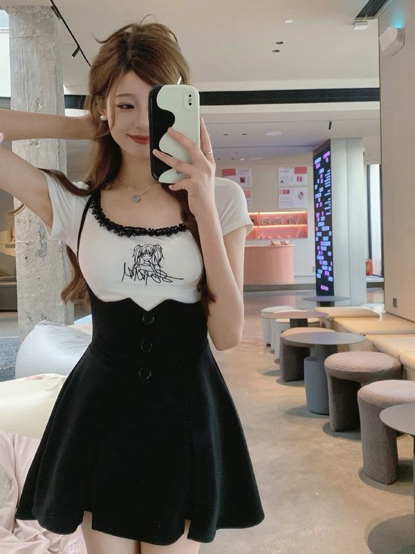 陌伯格大碼高級純欲風高級感穿搭掛脖吊帶短裙胖mm收腰連衣裙夏