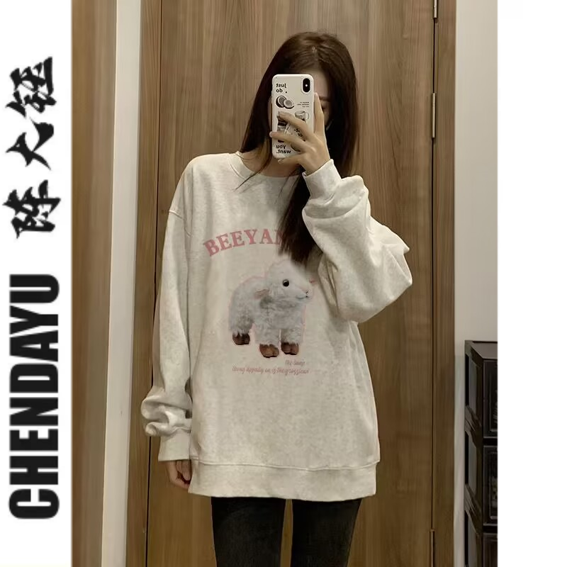 【純棉】復古oversize小羊加絨衛衣女秋冬季小個子寬鬆圓領薄款衣