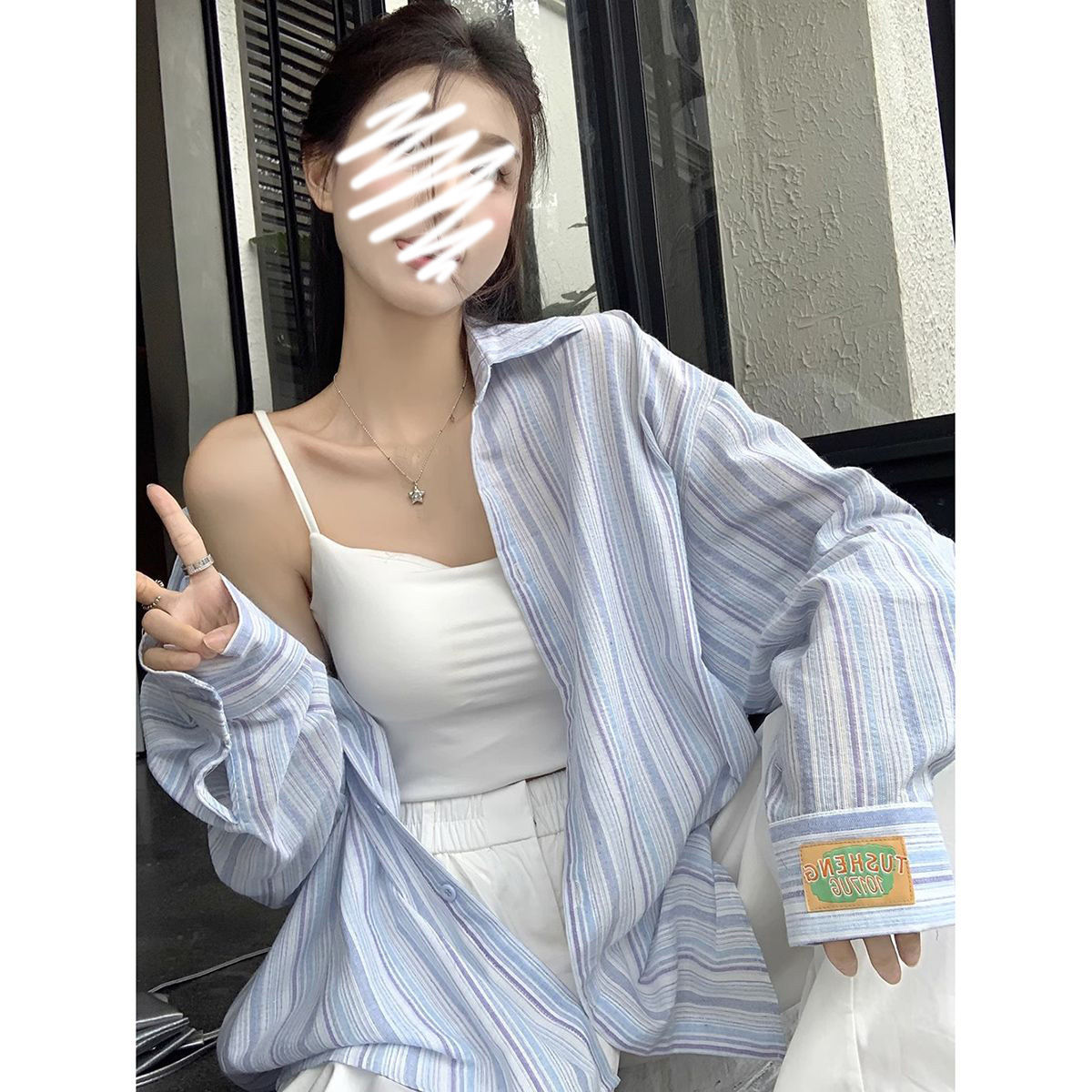 藍色條紋Polo領長袖襯衫女2023秋季新款港風寬鬆鹽系百搭外套上衣