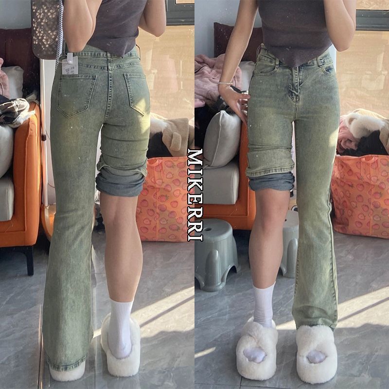 美式黃泥色微喇叭牛仔褲女2023秋季新款顯瘦大碼彈力高腰馬蹄褲子