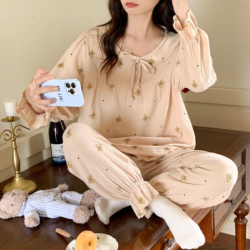 少女可愛卡通小熊長袖睡衣女春秋款純棉紗2023年高級感家居服套裝
