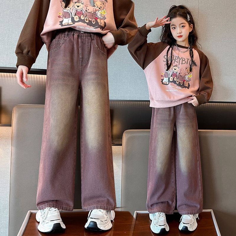 女童牛仔褲春秋2023新款韓版洋氣兒童秋裝女大童寬鬆直筒闊腿褲子
