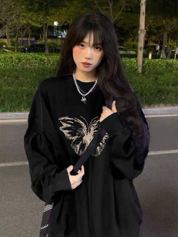 甜酷黑色正肩衛衣女多巴胺秋季穿搭高級感炸街加絨加厚圓領上衣潮