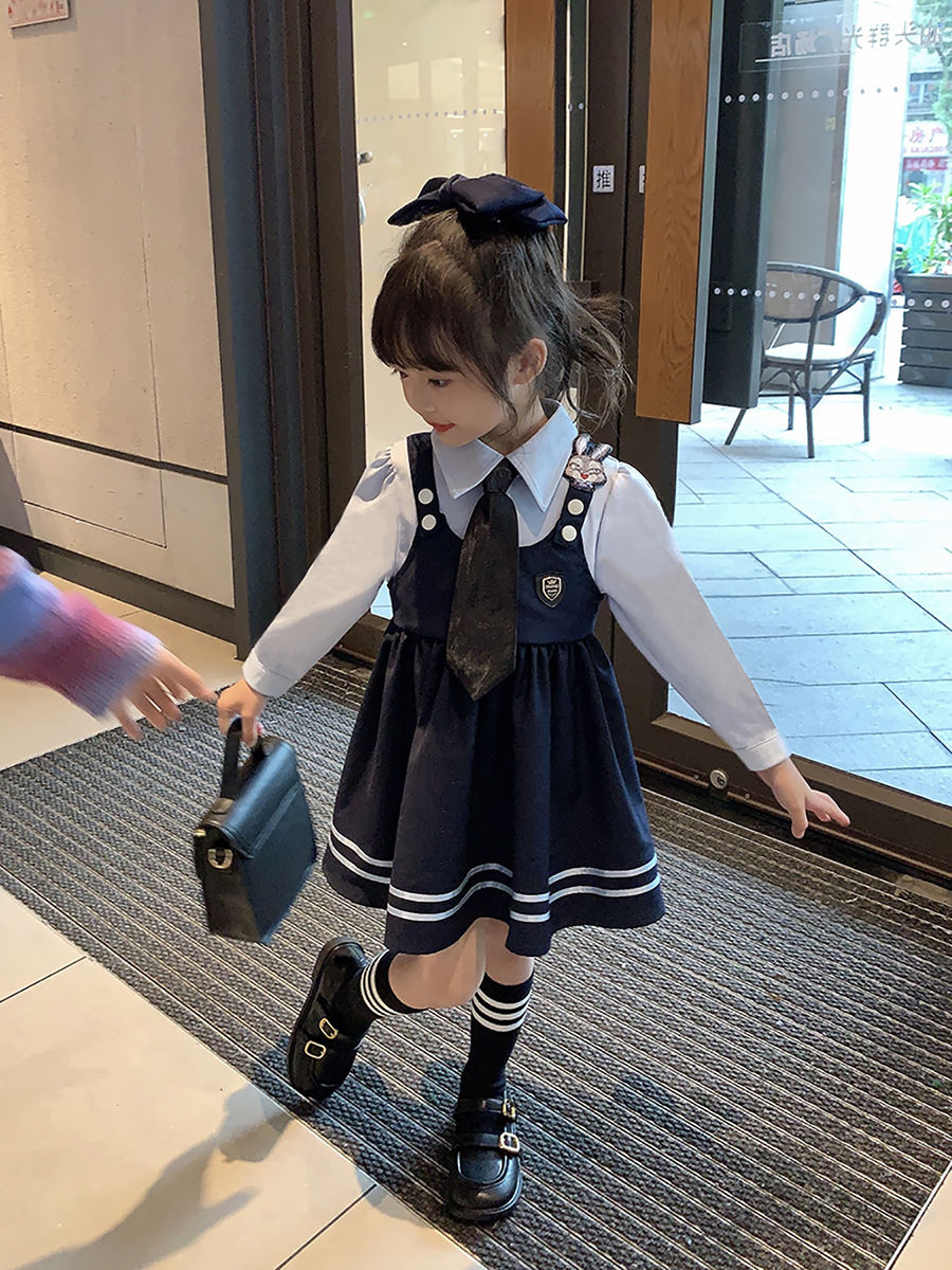 Baby girl dress spring and autumn style bunny police officer trendy jk uniform college style children's fake two-piece western style princess dress