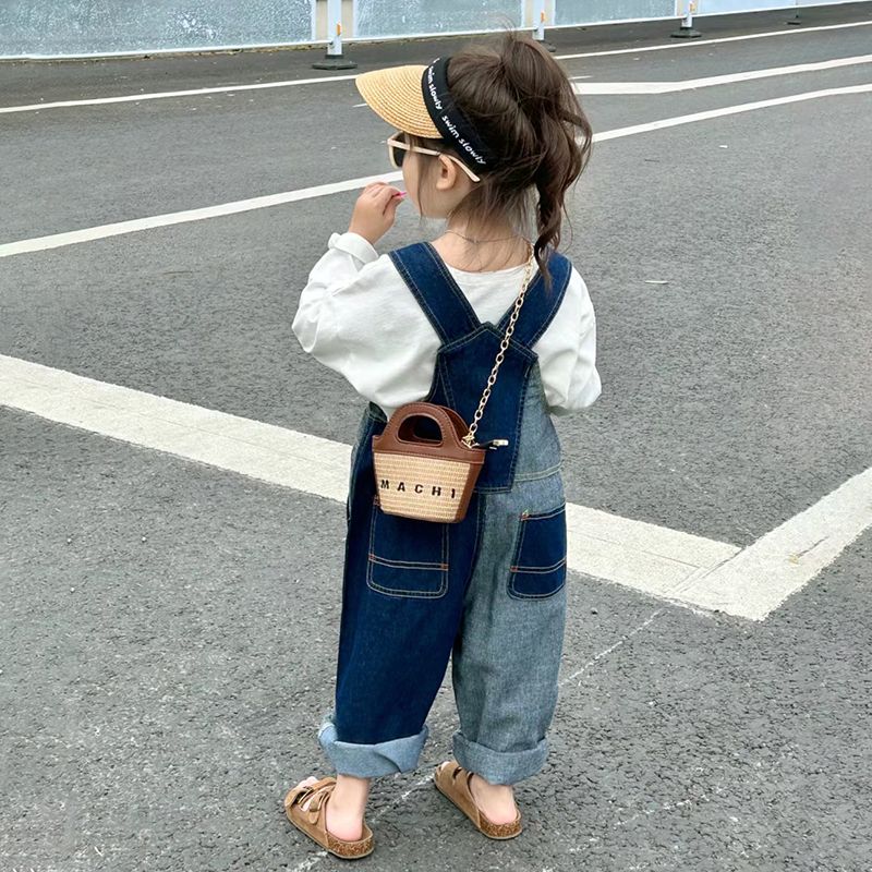 Girls' denim suspenders spring and autumn new baby fashionable contrast jeans children's Korean style early autumn pants