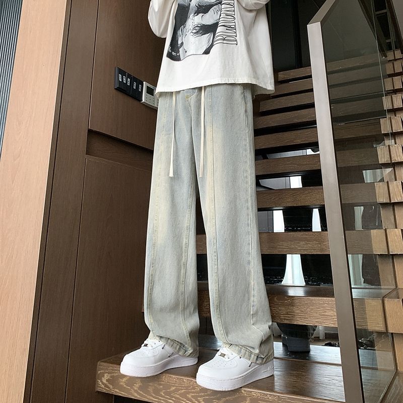 黃泥色牛仔褲男款春秋美式高街潮牌潮流百搭闊腿直筒oversize褲子