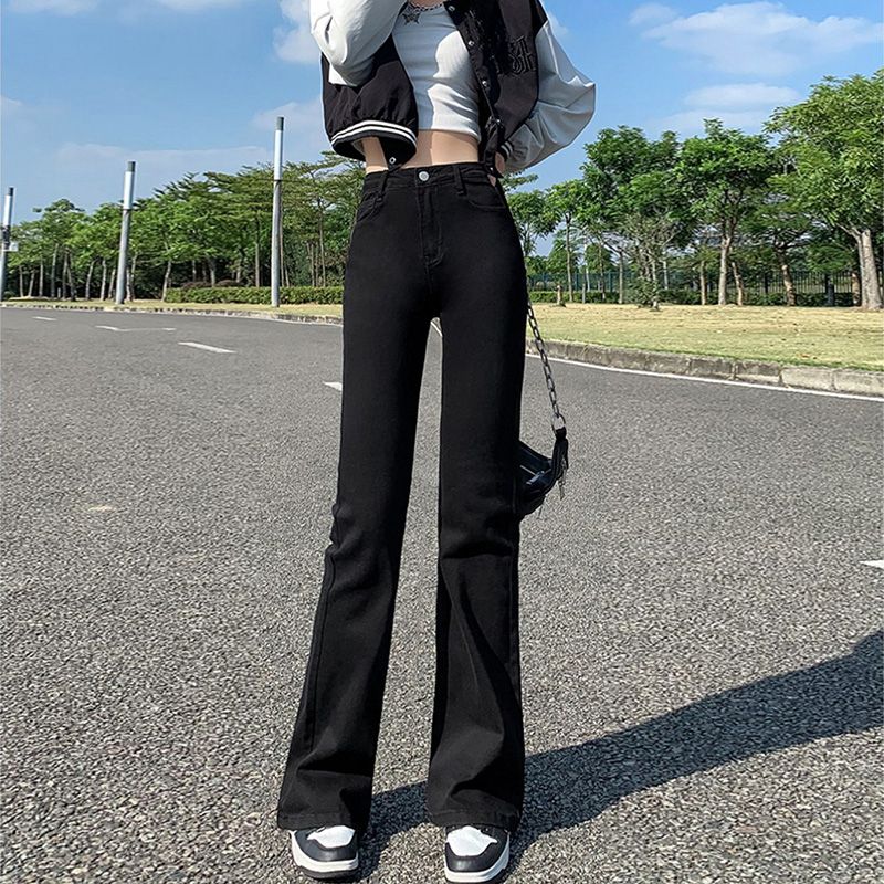 牛仔褲女2023春秋新款高腰顯瘦百搭小個子拖地微喇叭褲