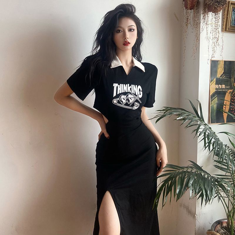 MBG大碼美式復古個性印花翻領短袖連衣裙小眾ins鏤空顯瘦長裙