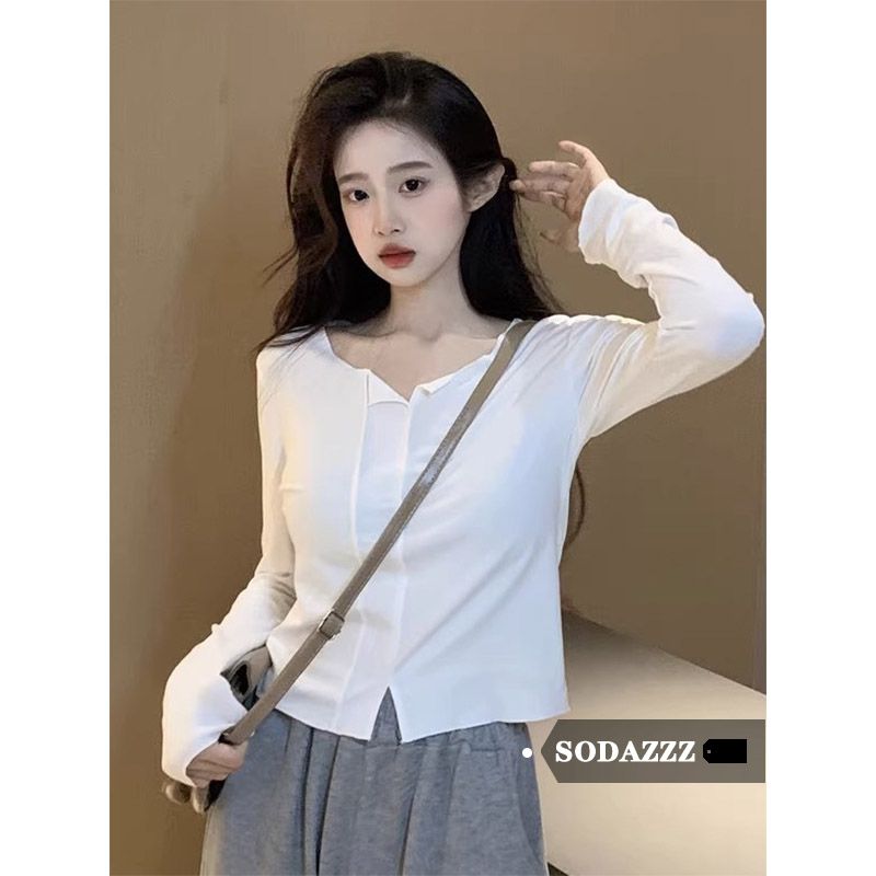 SODAZZZ春秋小眾休閒不規則開叉打底衫正肩t恤女短款顯瘦洋氣上衣