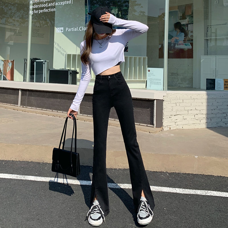 黑色秋季薄款2023年開叉微喇牛仔褲高腰顯瘦小個子女新款喇叭褲子