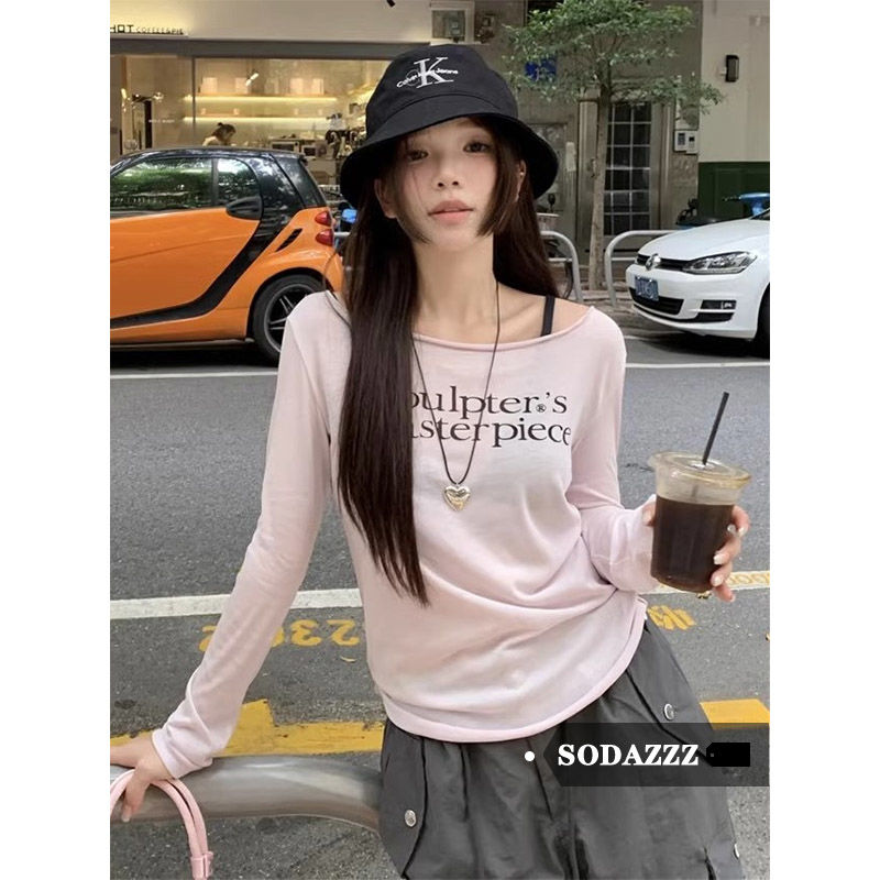 SODAZZZ復古字母印花露肩長袖T恤女春秋甜辣妹修身顯瘦打底上衣潮