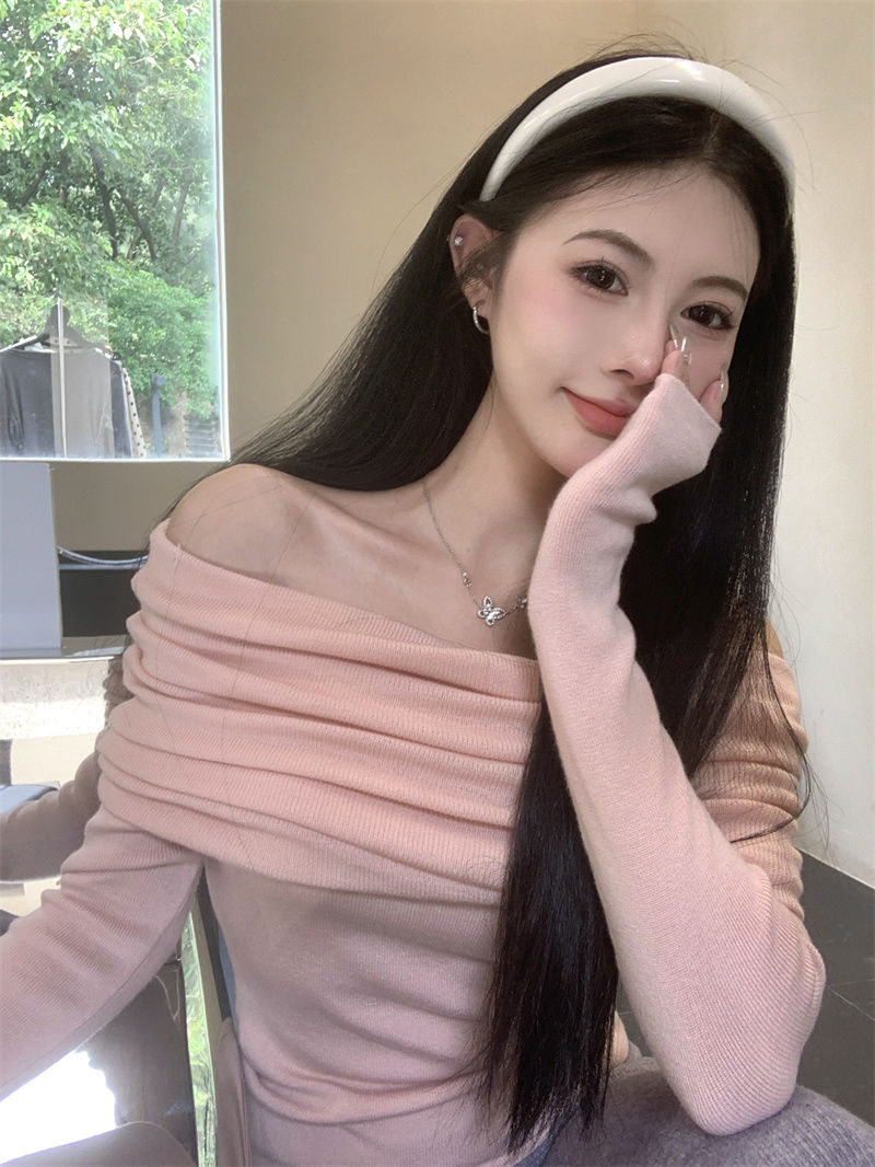 溫柔鎖骨一字肩粉色針織衫女裝秋裝毛衣打底衫黑色一字領露肩上衣