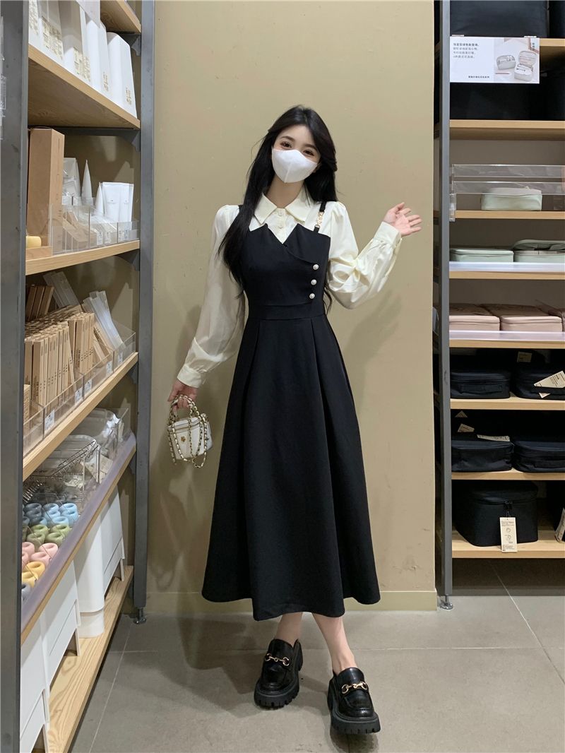 微胖mm大碼法式氣質假兩件長袖連衣裙女2023秋季高級感顯瘦A字裙