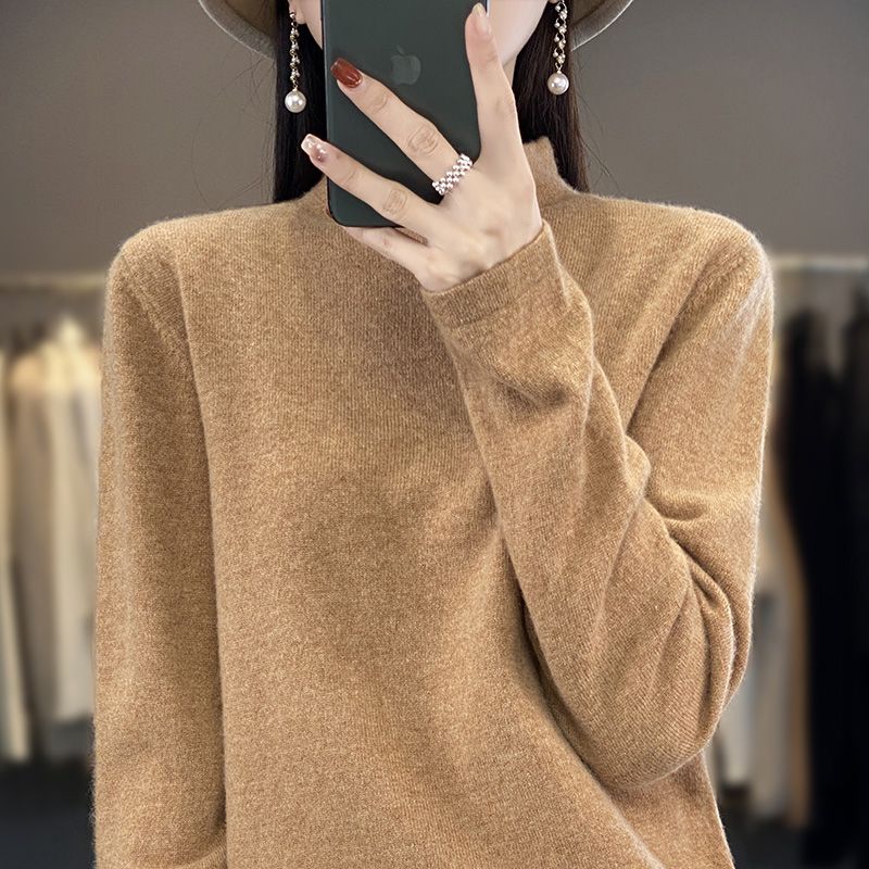 半高領長袖打底針織衫女寬鬆純色毛衣內搭保暖舒適軟糯毛衫上衣冬