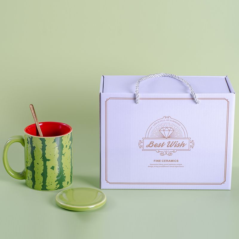 陶瓷水杯早餐咖啡杯西瓜杯创意水果马克杯有盖耐高温礼盒装情侣款
