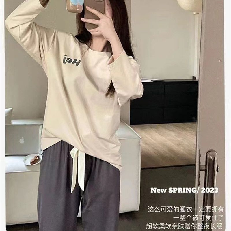 2023年新款睡衣女春秋純棉撞色長袖冰瓷棉高品質可外穿家居服套裝