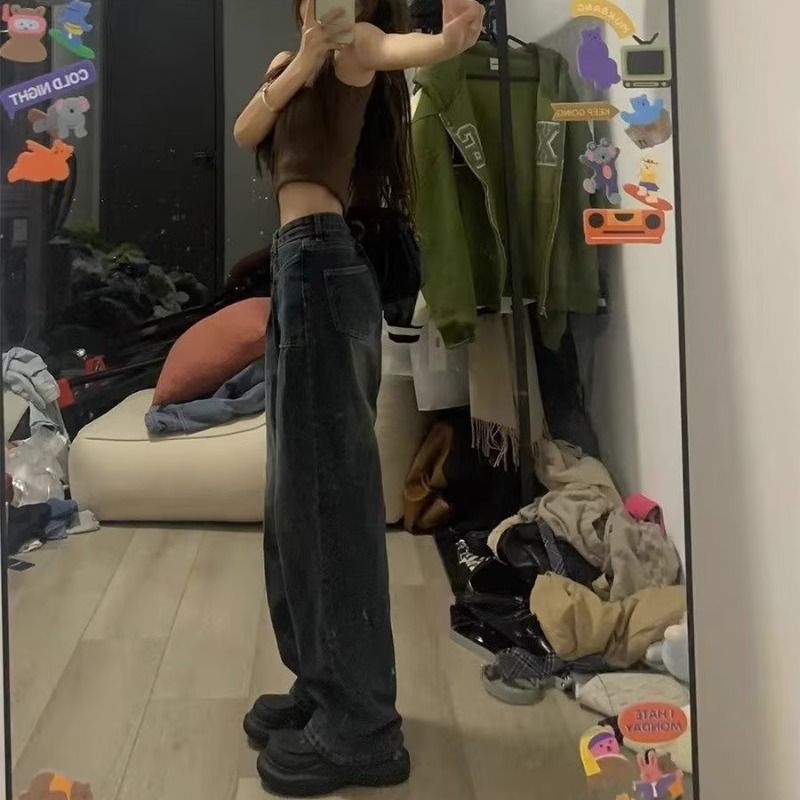 設計感小眾拖地女大碼梨形身材胖mm直筒高腰顯瘦寬鬆闊腿牛仔褲子