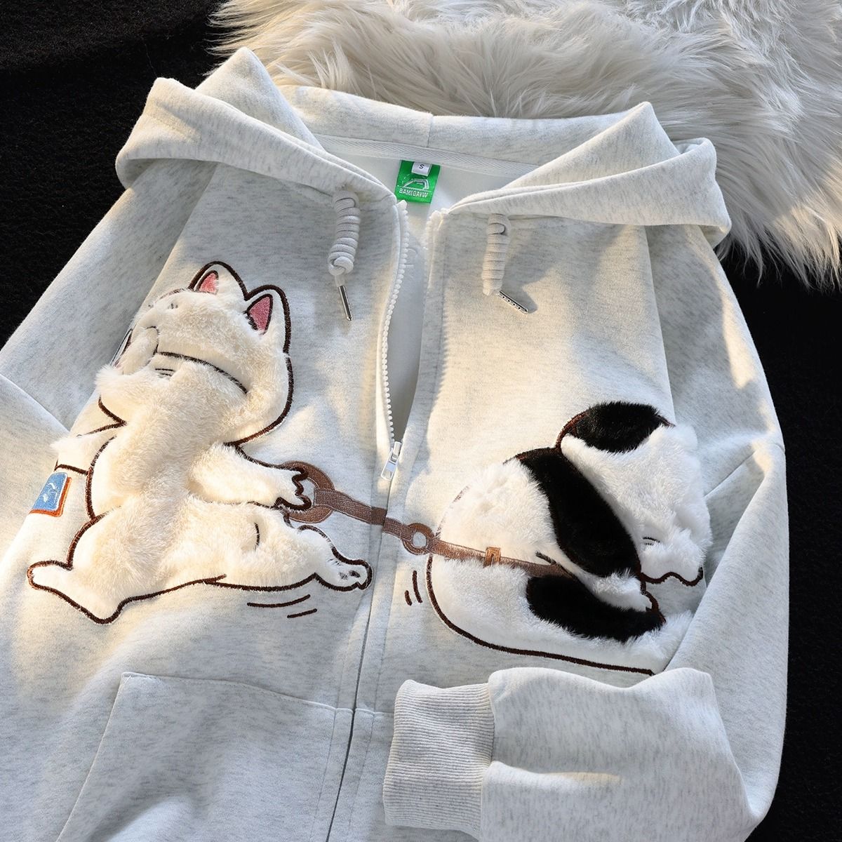 卡通立體毛絨貓咪逛街刺繡連帽衛衣男女秋季可愛情侶開衫外套上衣