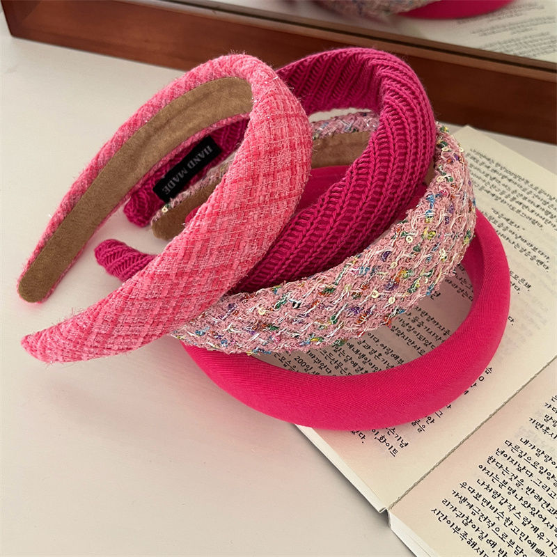 Barbie pink color ~ plaid small fragrant wide hair hoop to increase the height of the skull head hoop pressure hairpin hair accessories headwear new style