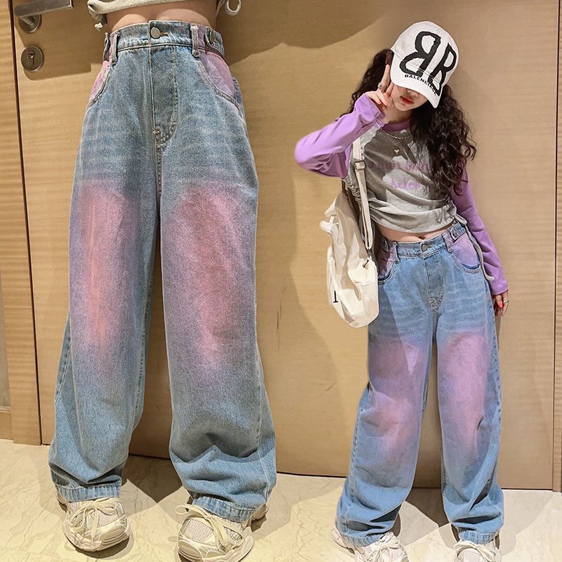 女童牛仔褲春秋2023新款洋氣時髦大童休閒秋裝闊腿褲兒童秋季褲子
