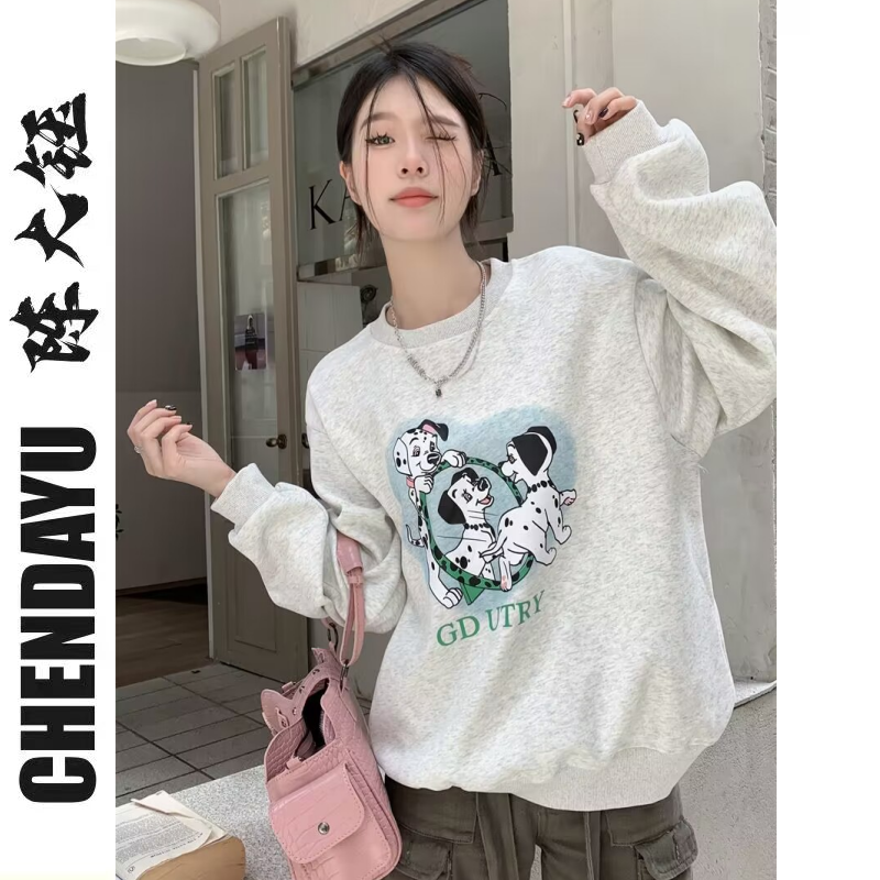 【純棉】元氣少女~復古狗狗印花女早秋慵懶風套頭寬鬆百搭衛衣