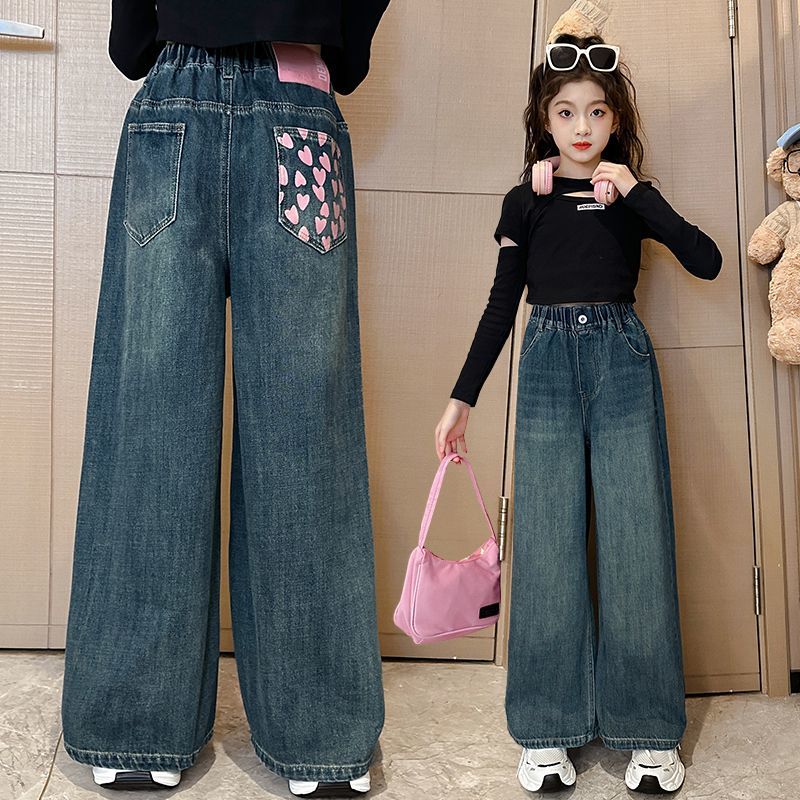 女童牛仔褲春秋款洋氣時髦女孩寬鬆直筒小學生闊腿褲兒童秋裝褲子