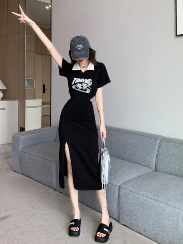 陌伯格大碼高級美式polo黑色連衣裙女夏新款設計感露背開叉裙子